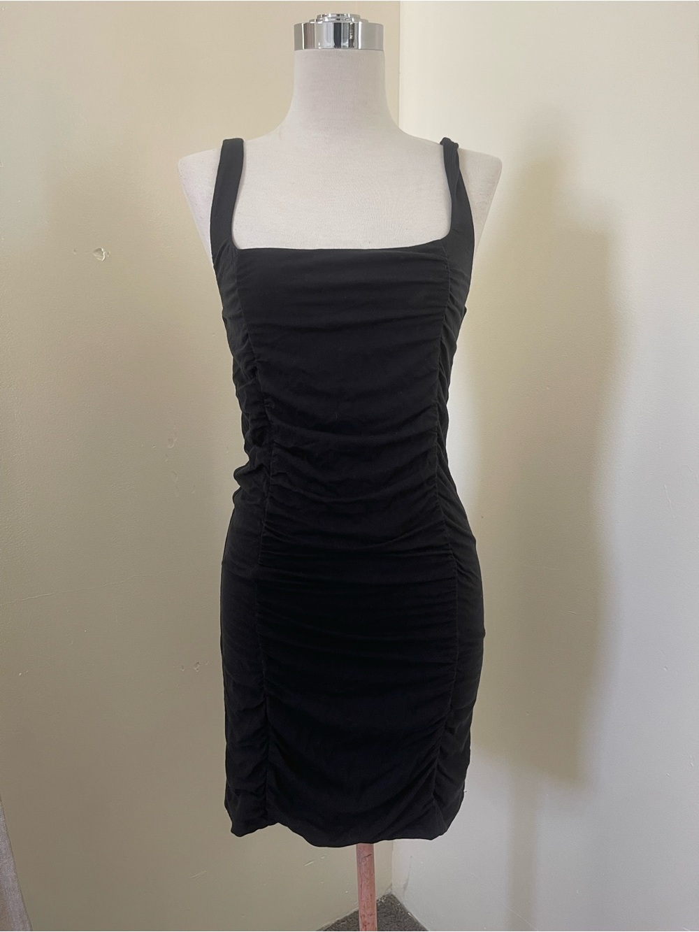Wilfred Black Ruched Square-Neck Mini Dress